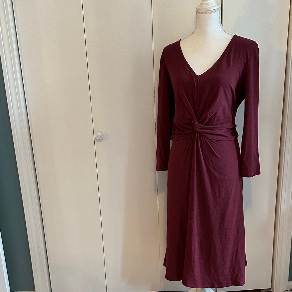 Land’s End Burgundy Midi Dress with V-Neck and twist front